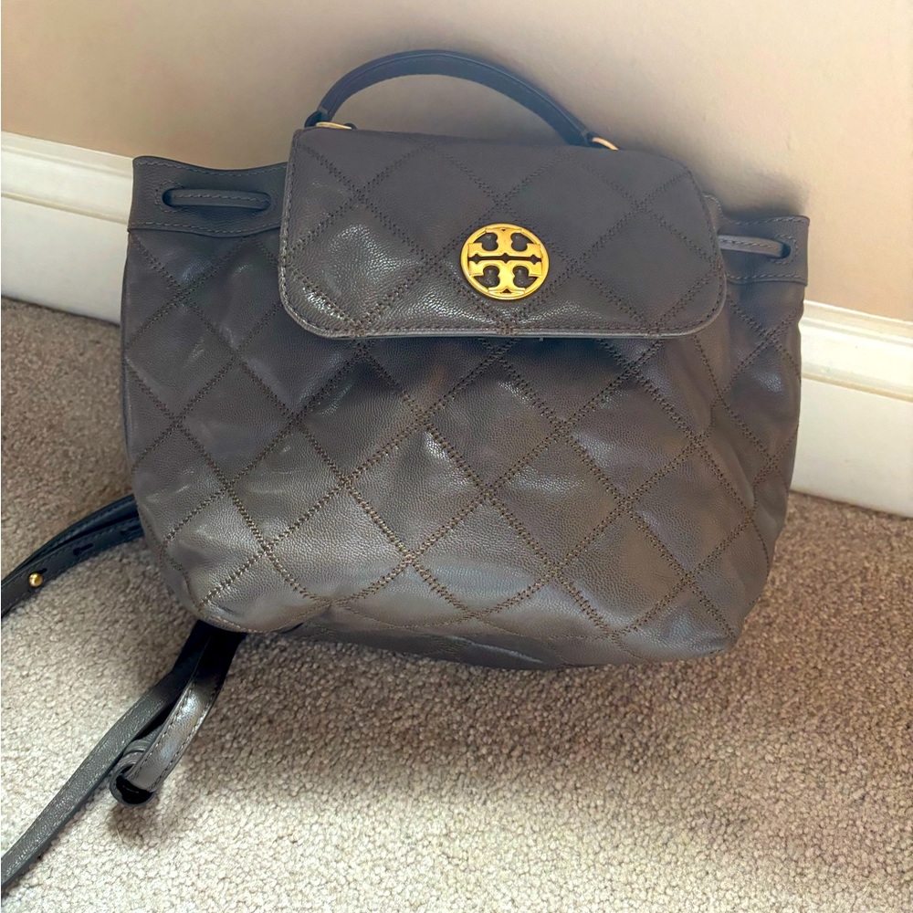 Tory Burch Willa Leather Backpack-Volcanic Stone Taupe Gray Brown